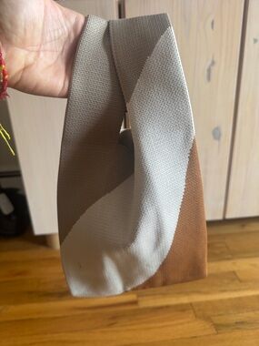Neutral Knit Mini Tote Bag Beige Brown Colorblock Stretch 13 Inch